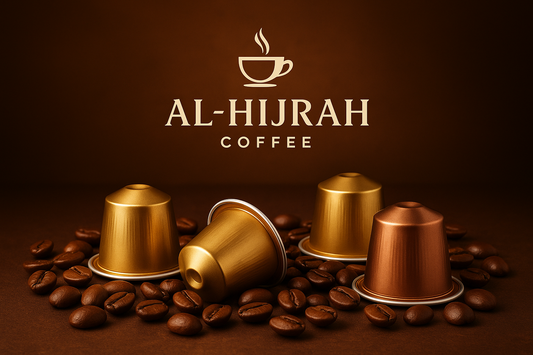 show coffee capsule product with coffee beans on attractive background with shop logo 